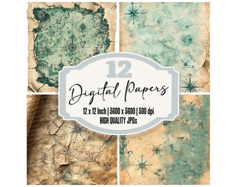12x Vintage Treasure Map Junk Journal Paper Pack,Antique Pirate Map Digital Paper,Old World Nautical Backgrounds,Scrapbook,High Quality JPGs