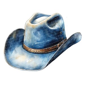 May include: A blue denim cowboy hat with a brown leather band and stitching detail. The hat has a wide brim and a pointed crown.