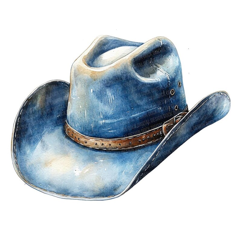 May include: A blue denim cowboy hat with a brown leather band and stitching detail. The hat has a wide brim and a pointed crown.