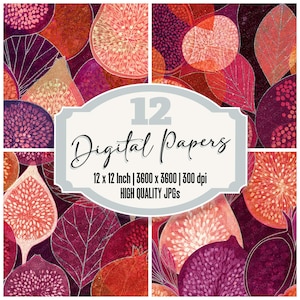 May include: A digital paper pack featuring a repeating pattern of stylized figs and leaves in shades of red, orange, and purple. The design includes the text "12 Digital Papers" and details about the paper size and resolution.