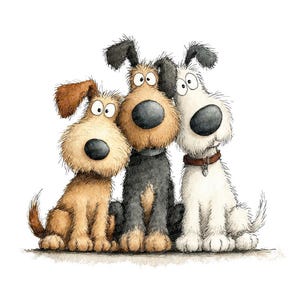 May include: A charming cartoon illustration featuring three dogs. The dogs are depicted with exaggerated features, including large eyes and noses. The dog on the left is brown, the middle dog is black, and the dog on the right is white, wearing a brown collar.