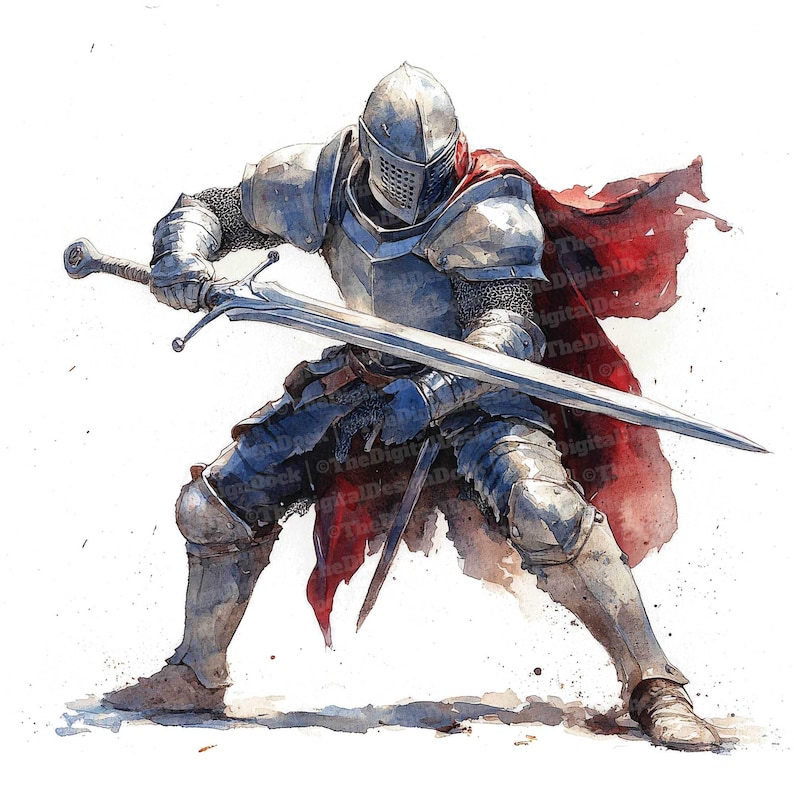 May include: A watercolor painting of a knight in full armor, holding a sword in a defensive stance. The knight is wearing a red cape that is flowing behind him. The background is white.