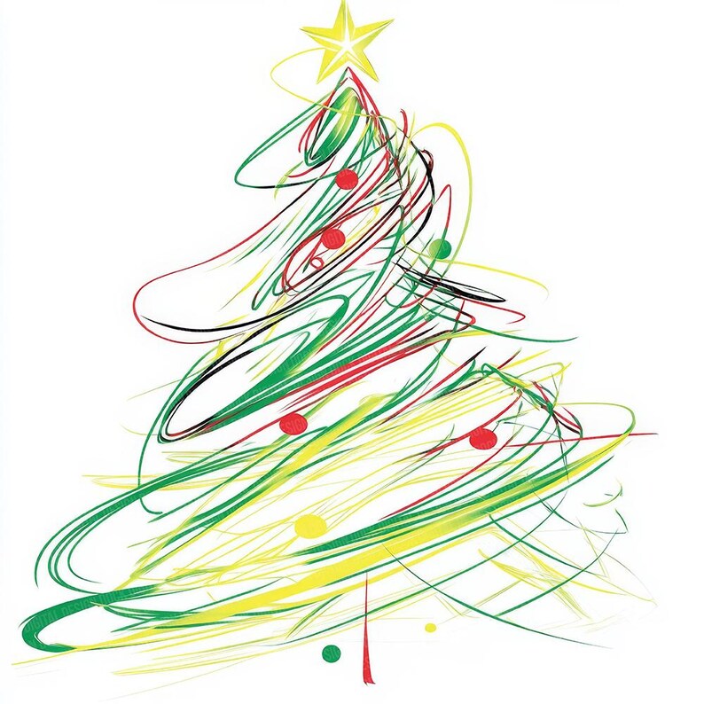 Puede incluir: Ilustraci&oacute;n abstracta de un &aacute;rbol de Navidad con una estrella amarilla en la parte superior. El &aacute;rbol est&aacute; formado por l&iacute;neas verdes, amarillas, rojas y negras arremolinadas, con adornos rojos y verdes. El dise&ntilde;o est&aacute; sobre un fondo blanco.