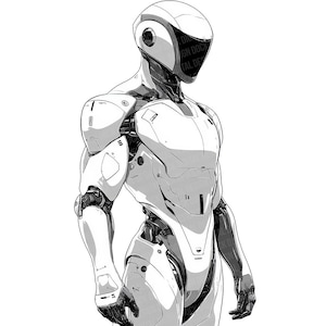Op de afbeelding: Een zwart-witte illustratie van een robot met een witte helm en een gedetailleerd, gearticuleerd lichaam.