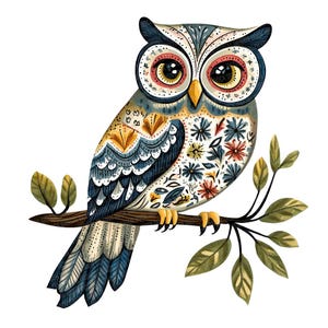 May include: A colorful illustration of an owl perched on a branch. The owl features intricate patterns in blue, yellow, and white, with floral and geometric designs. The owl's large eyes and detailed feathers create a whimsical and decorative image.