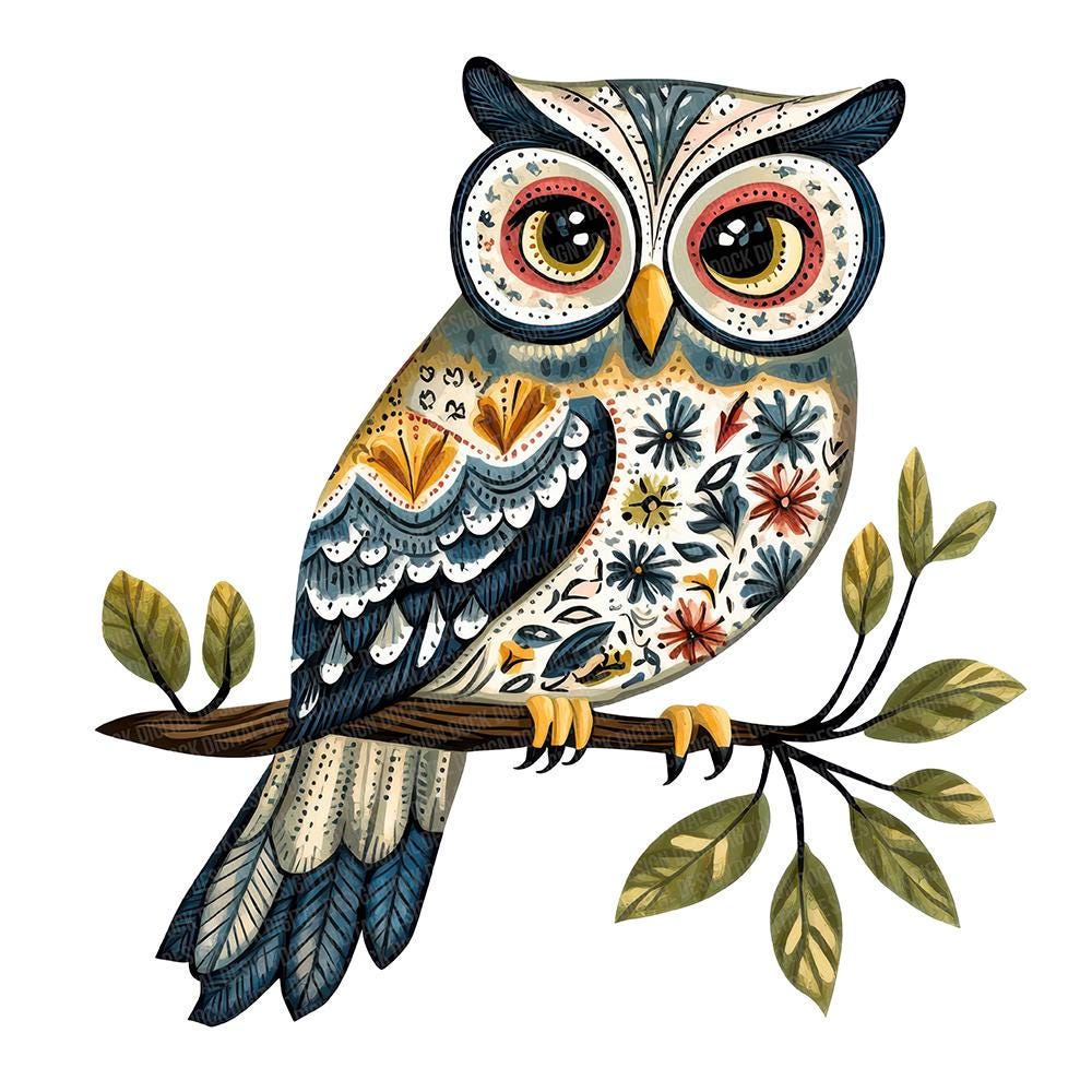 Folk Owl PNG Clipart, 12x Patterned Owls on Branches Clip Art Set, Printable Digital Clip Art, Paper