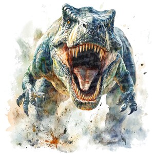 Op de afbeelding: Een aquarel schilderij van een Tyrannosaurus Rex dinosaurus met zijn bek open, waardoor scherpe tanden zichtbaar zijn. De dinosaurus is afgebeeld in een dynamische pose, met zijn kop naar voren gekanteld en zijn klauwen uitgestoken. De achtergrond is een zachte aquarel was van blauw en groen.