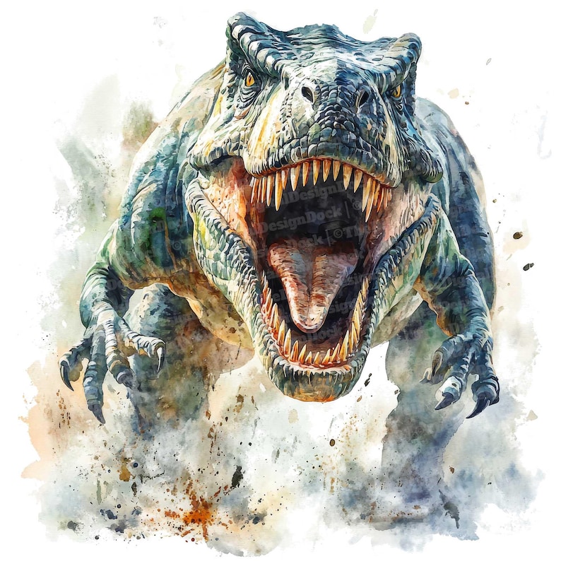 Op de afbeelding: Een aquarel schilderij van een Tyrannosaurus Rex dinosaurus met zijn bek open, waardoor scherpe tanden zichtbaar zijn. De dinosaurus is afgebeeld in een dynamische pose, met zijn kop naar voren gekanteld en zijn klauwen uitgestoken. De achtergrond is een zachte aquarel was van blauw en groen.