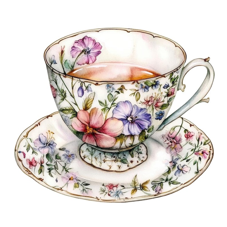 May include: A white teacup and saucer with a floral pattern in shades of pink, purple, and blue. The teacup is filled with tea.