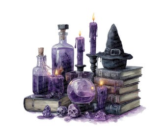 Imágenes prediseñadas PNG de poción de bruja, juego de 12 piezas de arte para centro de mesa de Halloween, imágenes prediseñadas de acuarela imprimibles, descarga digital, PNG transparente, diario de recortes