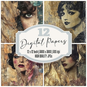 12x Flapper Girls Junk Journal Papier Art Deco Digital Paper Pack Distressed Textur Hohe Qualität JPGs Scrapbook Papier Download