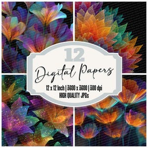 12x Neon Glow Florals Junk Journal Paper Digital Paper Pack Colorful Floral Backgrounds Printable Ephemera Scrapbook Paper JPGs