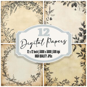 12x Botanischer Kranz Junk Journal Papier Vintage Rahmen Digitales Papier Pack gealtert Florale Ränder Hochwertige JPGs Sammelalbum Download