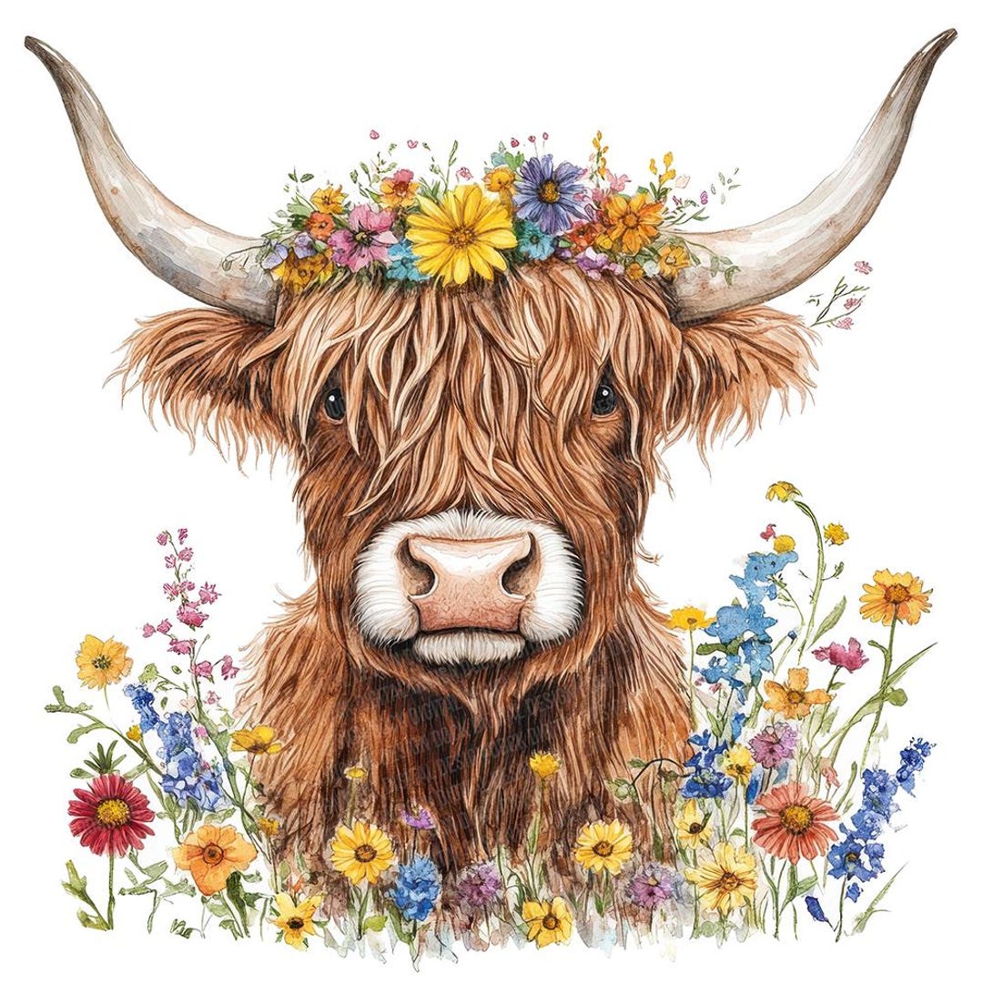 12x Floral Highland Cow PNG Clipart, Watercolor Cow With Flowers Clip ...