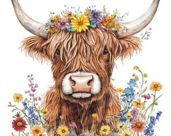 12 imágenes prediseñadas PNG de vaca de las Tierras Altas con motivos florales, conjunto de imágenes prediseñadas de vaca en acuarela con flores, PNG imprimible, descarga digital, decoración de estilo rústico.