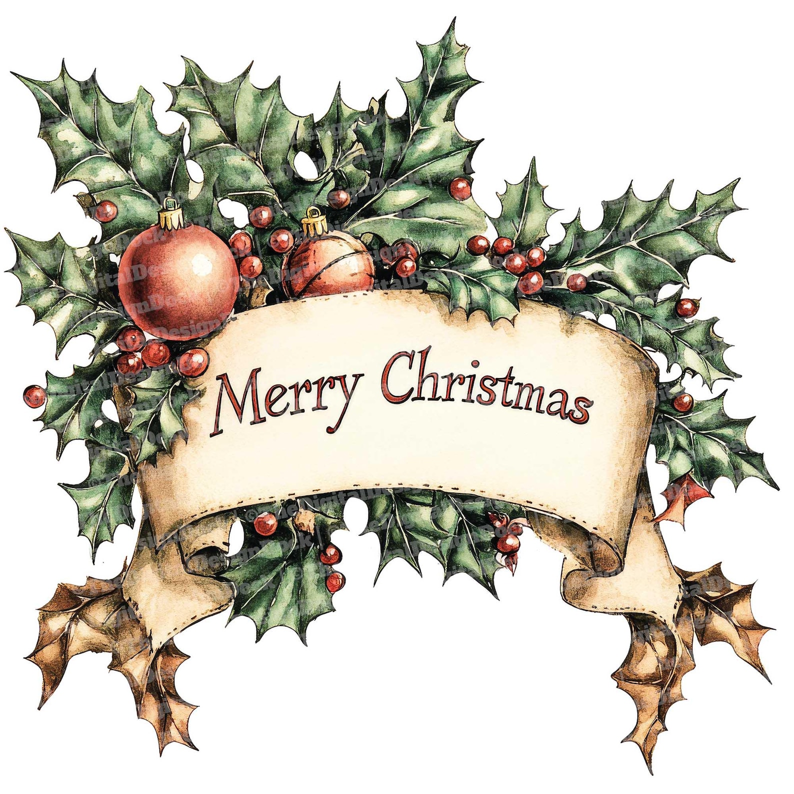 Merry Christmas Banner Clip Art, 12x Vintage Holiday Clipart Set ...