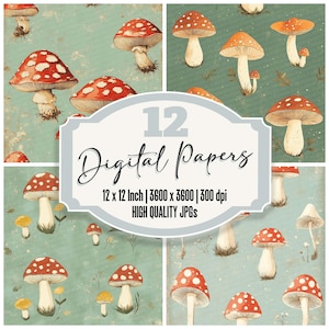 12 x champignon papier numérique menthe rétro champignon vénéneux journal indésirable papier Cottagecore Texture haute qualité JPG vintage scrapbooking papier à télécharger