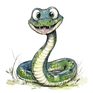Clipart PNG di serpente dei cartoni animati, set di clipart di rettili divertenti da 12x, animali della giungla ad acquerello stampabili, lavoretti di carta, download digitale, diario spazzatura