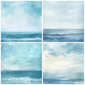 K&ouml;nnte beinhalten: Ein digitales Gem&auml;lde mit vier verschiedenen Ansichten einer Meereslandschaft. Der Himmel ist hellblau mit wei&szlig;en Wolken und das Meer ist tiefblau mit wei&szlig;en Wellen. Es fliegen ein paar V&ouml;gel am Himmel.