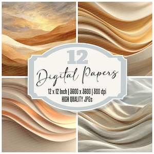 May include: A collage of four digital paper designs in warm, neutral tones. The designs include abstract textures and landscape-inspired patterns. The central graphic reads "12 Digital Papers" with dimensions and quality details.