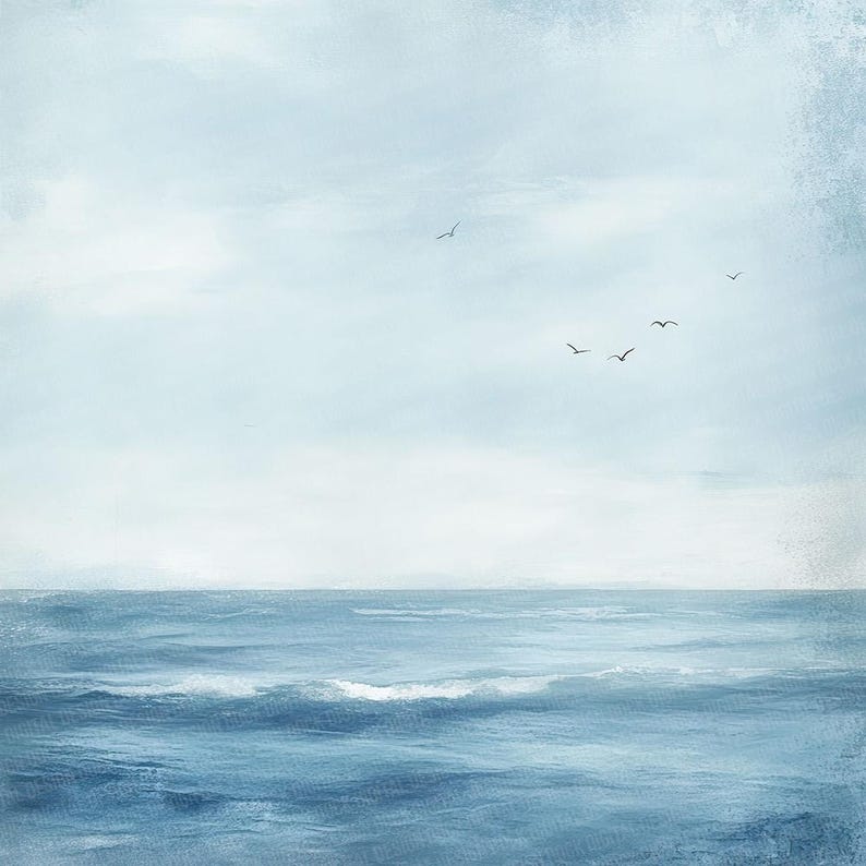 K&ouml;nnte beinhalten: Ein blauer Himmel mit ein paar wei&szlig;en Wolken und einem Schwarm V&ouml;gel, der &uuml;ber einem blauen Meer fliegt.
