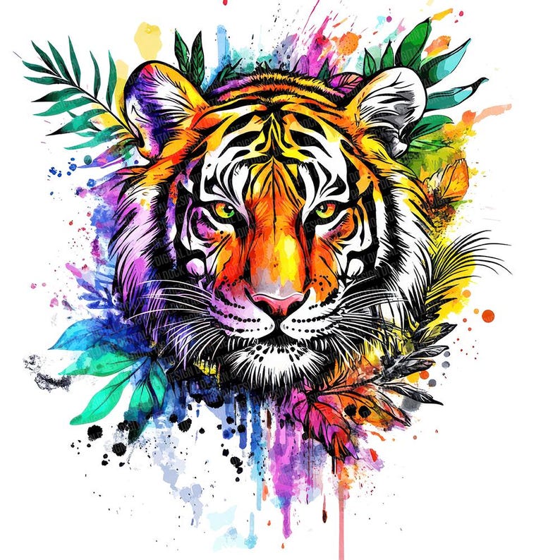 May include: A vibrant watercolor illustration of a tiger's face. The tiger features orange, yellow, and black stripes, with green eyes. The artwork incorporates colorful paint splatters and tropical leaves, creating a dynamic and artistic design.