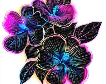 Neon Floral Clip Art, 12x Bright Glow PNG Flowers Clipart Set, Printable Watercolor Clip Art, Paper Crafts, Digital Download, Junk Journal