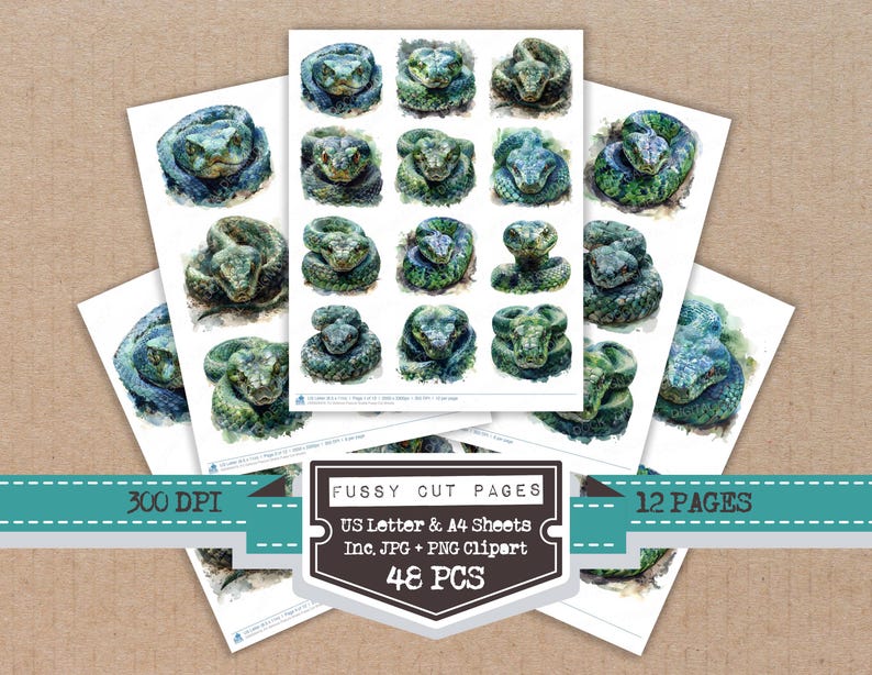 Snake With Fan Shape Defence Posture Snake Fussy Cut Sheets, 12x Printable Pages, Reptile ...