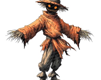 Conjunto de 12 imagens PNG de espantalhos para o Halloween em aquarela, para download digital e impressão, com fundo transparente, ideais para artesanato em papel e scrapbook.