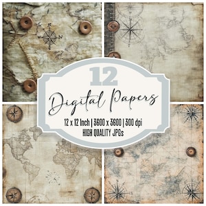 12x Vintage Map Junk Journal Paper, Nautical Digital Paper Pack, Aged Parchment & Compass Designs, Scrapbook Backgrounds, Digital Download