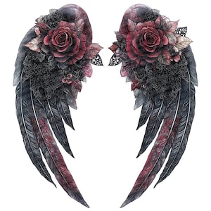 Puede incluir: Un par de alas negras con rosas rojas y detalles de encaje. Las alas están detalladas con plumas y tienen una estética oscura y gótica.