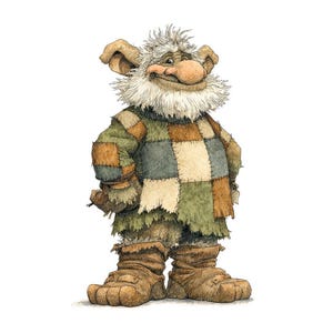 May include: Illustration of a whimsical troll-like character with a large nose, shaggy white beard, and patched clothing in shades of green, brown, and tan. The character wears large, worn boots and has a friendly expression.