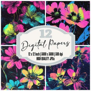 12x Neon Floral Junk Journal Paper Retro Bloom Digital Paper Pack Psychedelic Garden Backgrounds High Quality JPGs Scrapbook Download