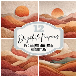 Könnte beinhalten: Ein Satz von 12 digitalen Papieren mit abstrakten Landschaftsdesigns in warmen Farbtönen von Orange, Rot und Braun. Jedes Papier zeigt eine stilisierte Bergkette und eine untergehende Sonne. Der Text auf dem Bild lautet "12 Digital Papers 12 x 12 Inch | 3600 x 3600 | 300 dpi HIGH QUALITY JPGs."