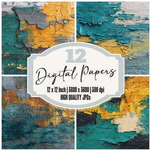 May include: A digital art print featuring four quadrants of abstract art with teal, gold, gray, and white paint textures. The image includes the text "12 Digital Papers" and details about the image size and resolution.