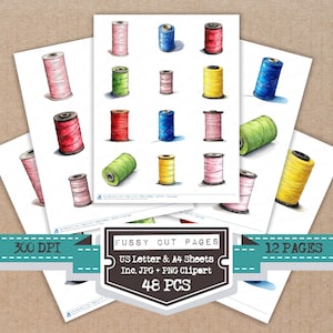 May include: Watercolor illustration of spools of thread in various colors, including pink, blue, green, and yellow. The image is on white paper with text that reads "Fussy Cut Pages" and "48 PCS".