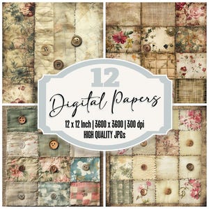 Könnte beinhalten: Zwölf digitale Papiere mit einem Patchwork-Quilt-Design mit Blumenmustern und Knöpfen. Die Papiere sind 30,5 x 30,5 cm groß und haben 300 dpi.