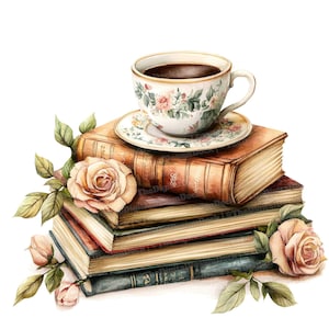 Clipart de acuarela de té y libros, 12 ilustraciones florales de café vintage, arte imprimible, JPG de alta calidad, descarga digital, manualidades para scrapbooking