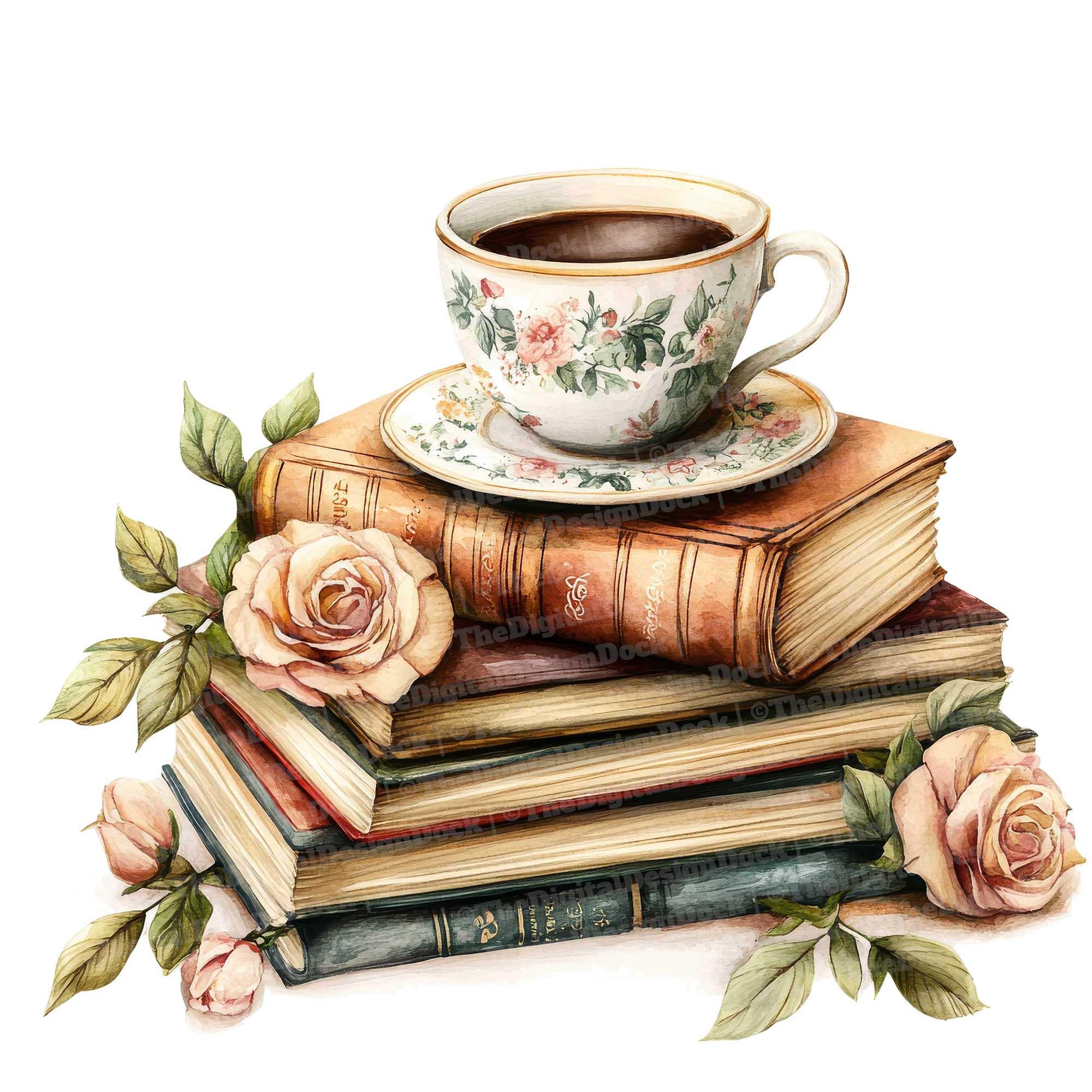 公式サイト - ハイブランドの新作が続々登場 Watercolor Floral Coffee Vintage 12 Clipart, Books and Tea 絵画