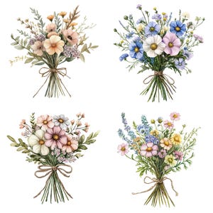 May include: Four watercolour illustrations of different flower bouquets. Each bouquet is tied with twine and features a variety of flowers in shades of pink, blue, and white.