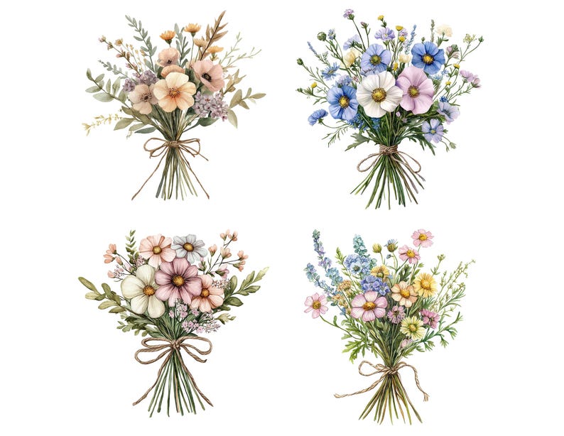 May include: Four watercolour illustrations of different flower bouquets. Each bouquet is tied with twine and features a variety of flowers in shades of pink, blue, and white.