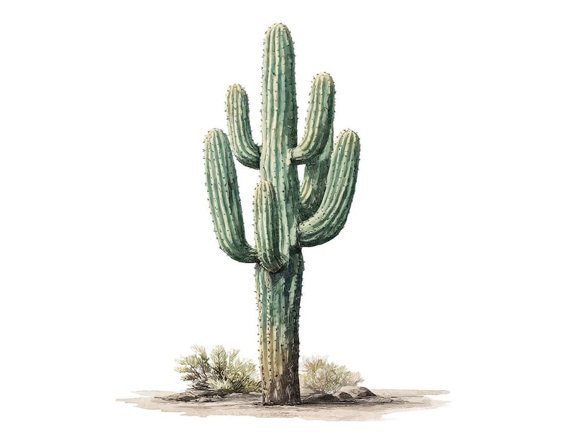 May include: A detailed illustration of a saguaro cactus, showcasing its tall, ribbed green trunk and multiple arms. The artwork features a light brown base with small desert plants, set against a clean white background. The cactus is a symbol of the desert.