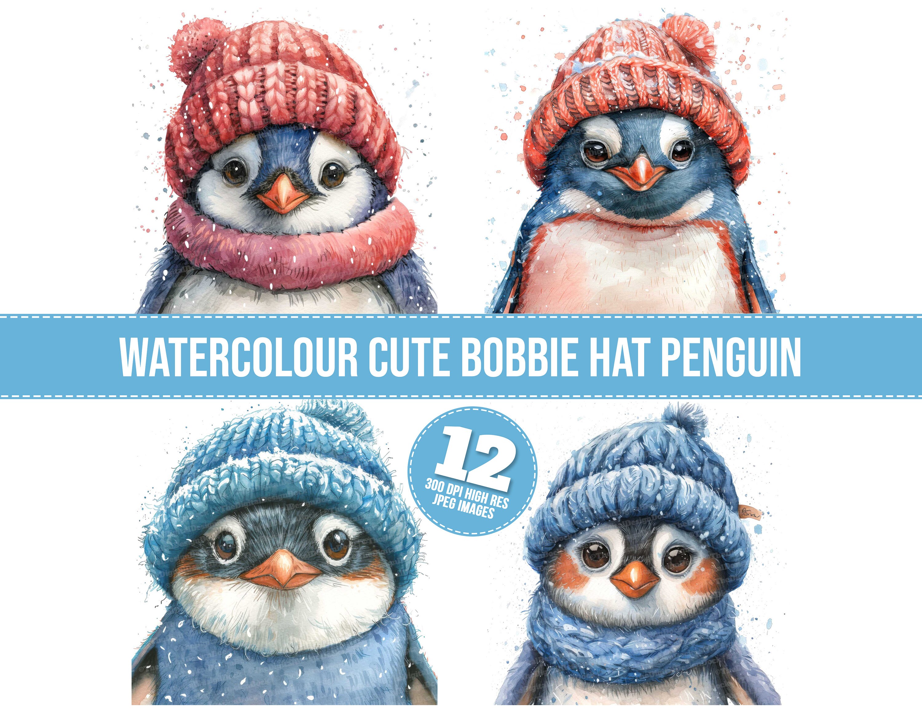 Watercolor Cute Bobbie Hat Penguin Clipart, 12 JPGs, Printable Image, Illustration, Wall Art,Digital Download,Junk Journals, Tshirt Graphic