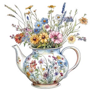 Könnte beinhalten: Eine weiße Teekanne mit Blumenmuster ist mit einem Strauß bunter Wildblumen gefüllt, darunter rosa, gelbe, blaue und violette Blüten.