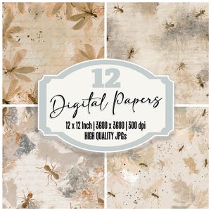 Puede incluir: Un collage de papeles digitales con una estética vintage. Los papeles presentan motivos florales e insectos en tonos apagados de beige, marrón y gris. La imagen incluye el texto "12 Digital Papers" e información sobre el tamaño y la resolución del papel.