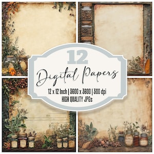 Pacote de 12 papéis de diário de ervas com papel digital, fundos de cozinha vitoriana, JPGs de alta qualidade para scrapbook, para impressão e download