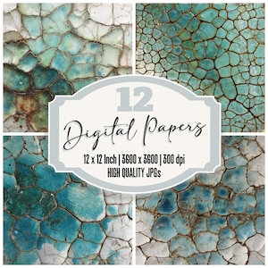 Può includere: Una stampa d'arte digitale con quattro sfondi strutturati nei toni del verde acqua, bianco e marrone. L'immagine include il testo "12 Digital Papers" e dettagli sulle dimensioni e la risoluzione della carta.