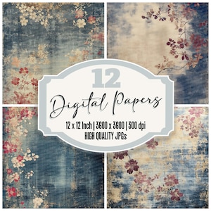 12x Faded Japanese Kimono Junk Journal Paper, Vintage Indigo Floral,Distressed Digital Paper Pack,Aged Textile Backgrounds,High Quality JPGs