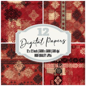 May include: A set of 12 digital papers featuring red backgrounds with black and beige geometric patterns. The text reads 12 Digital Papers, 12 x 12 Inch | 3600 x 3600 | 300 dpi, HIGH QUALITY JPGs. These square designs display intricate motifs.