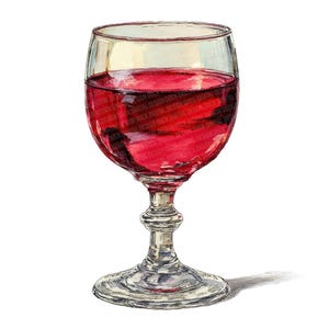 May include: A watercolor illustration of a wine glass filled with red wine. The glass has a clear bowl and a detailed stem and base. The wine is a deep red color, and the glass is set against a white background.